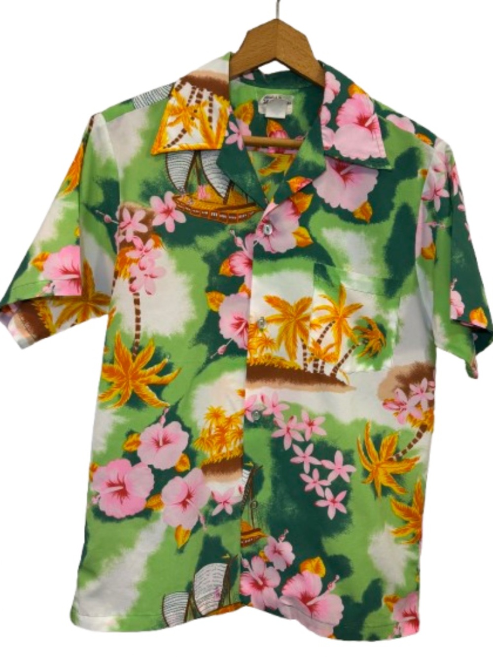 Hukilau Fashions Vintage Hawaiian Shirt Mens M Hibiscus & Palm Trees Paper Tag